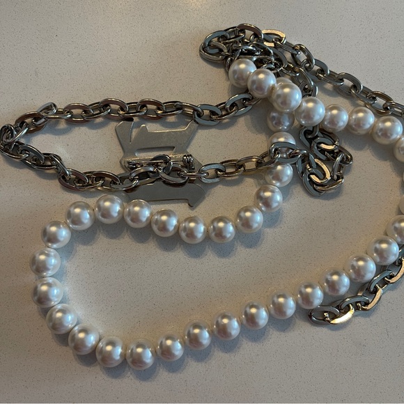 MISBHV pearl-trim chain necklace silver & white link choker silver plated - Picture 3 of 6